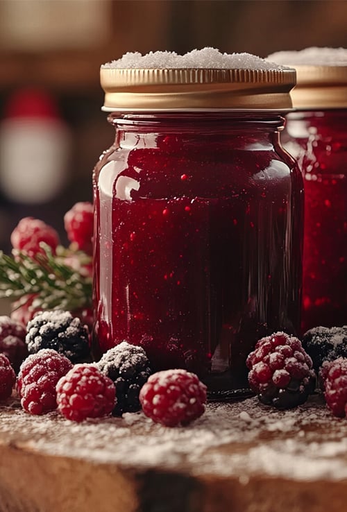 mason jar with jam inside and winter berries outside