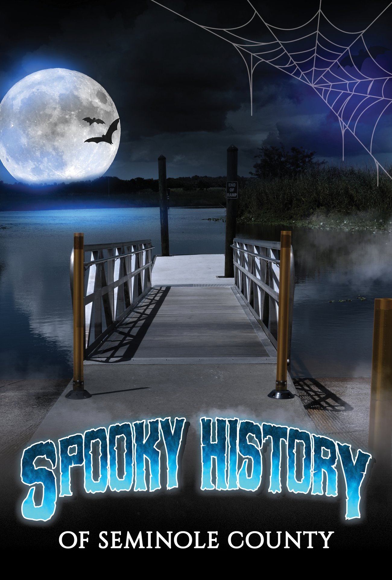 spooky moonlit dock with fog and spiderweb