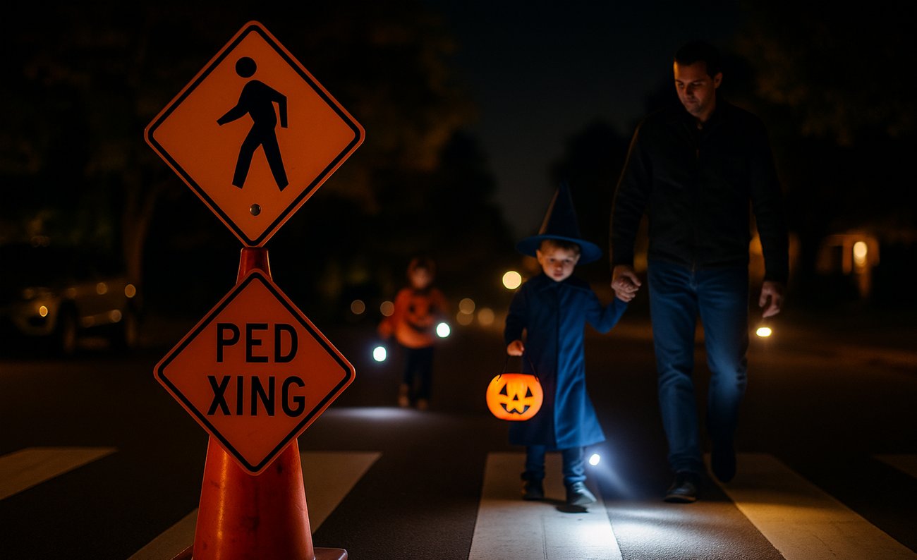 parent and child on a crosswalk halloween night
