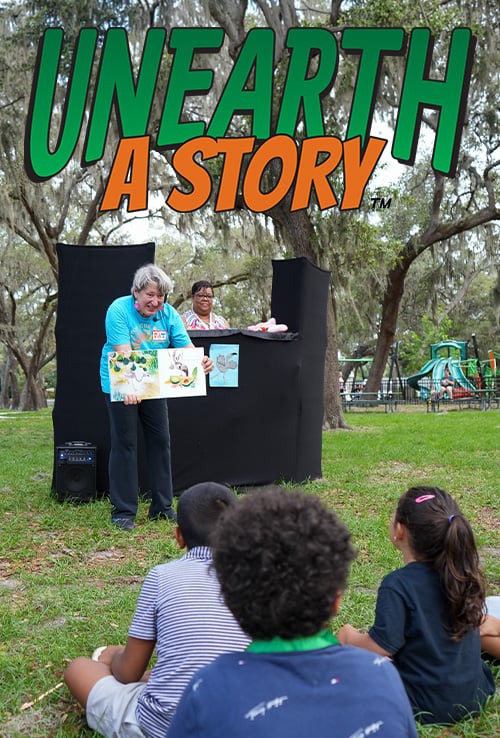 librarians reading books to kids with Unearth a Story logo