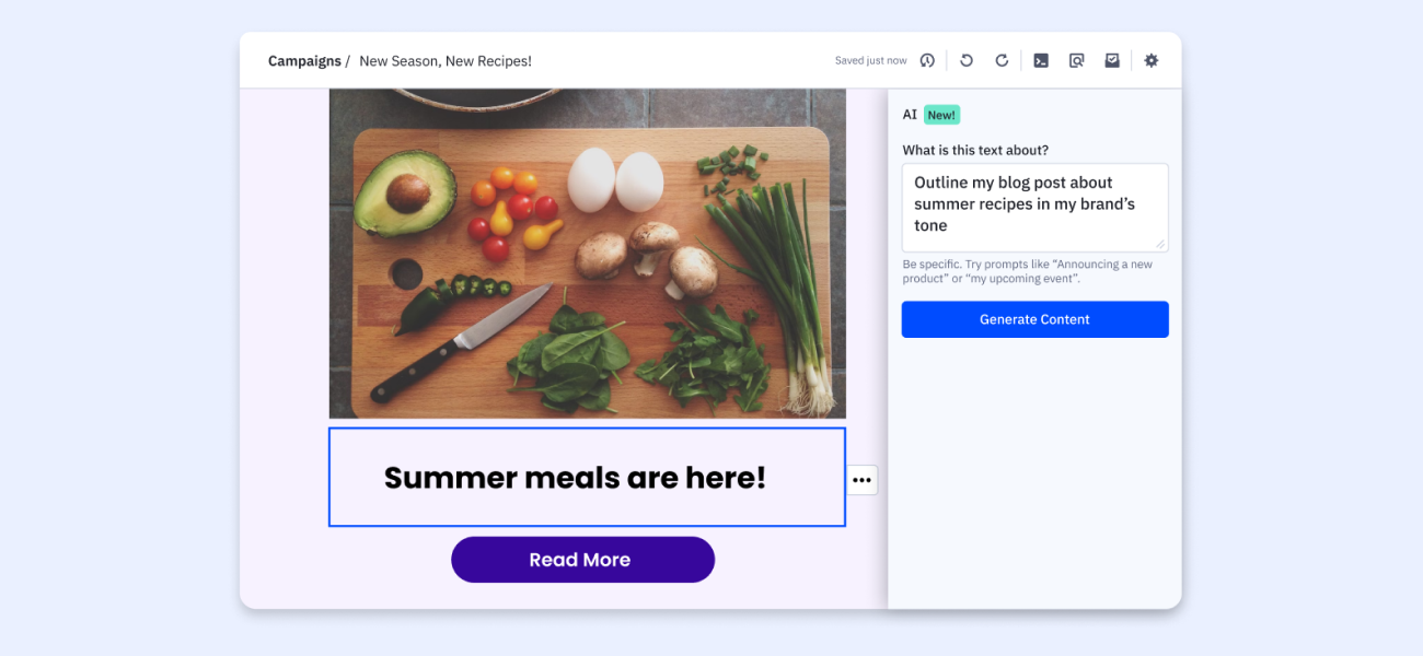Example of the ActiveCampaign email designer and the AI content generator feature