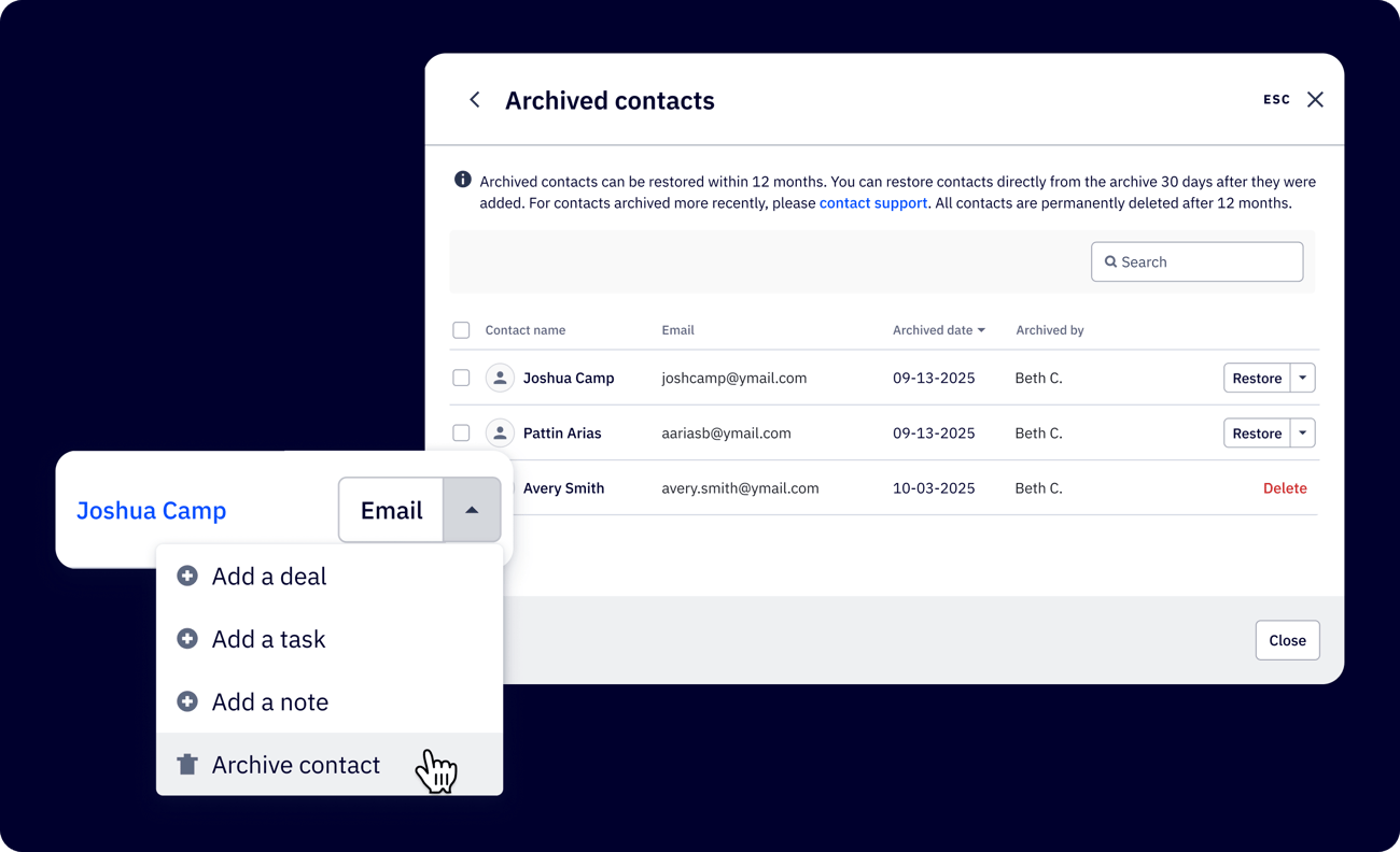 Archived contacts page shows a drop down menu to archive contact. 