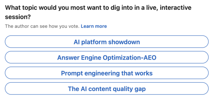 An image of a poll to vote on a topic for the next Autonomous Marketer Live webinar episode.