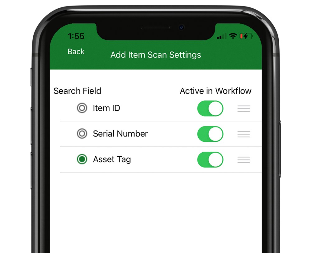 Screenshot of Helix Mobile app "Add Item Scan Settings" page.