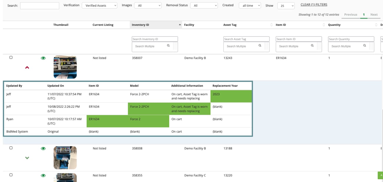 Inventory software screenshot of Inventory+ equipment listings page
