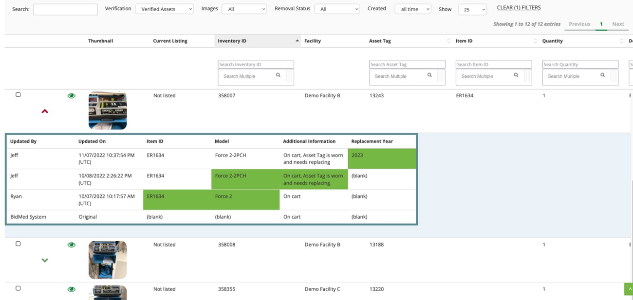 Inventory software screenshot of Inventory+ equipment listings page 