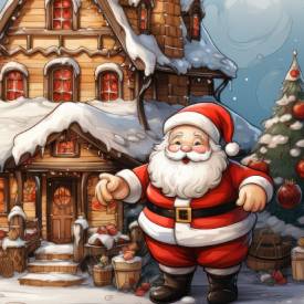 cartoon santa in front of a cottage