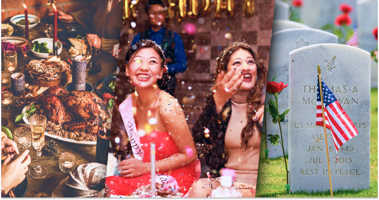 Images depicting different things we honor and celebrate, like Thanksgiving, a birthday, and the service and life of a loved one. 