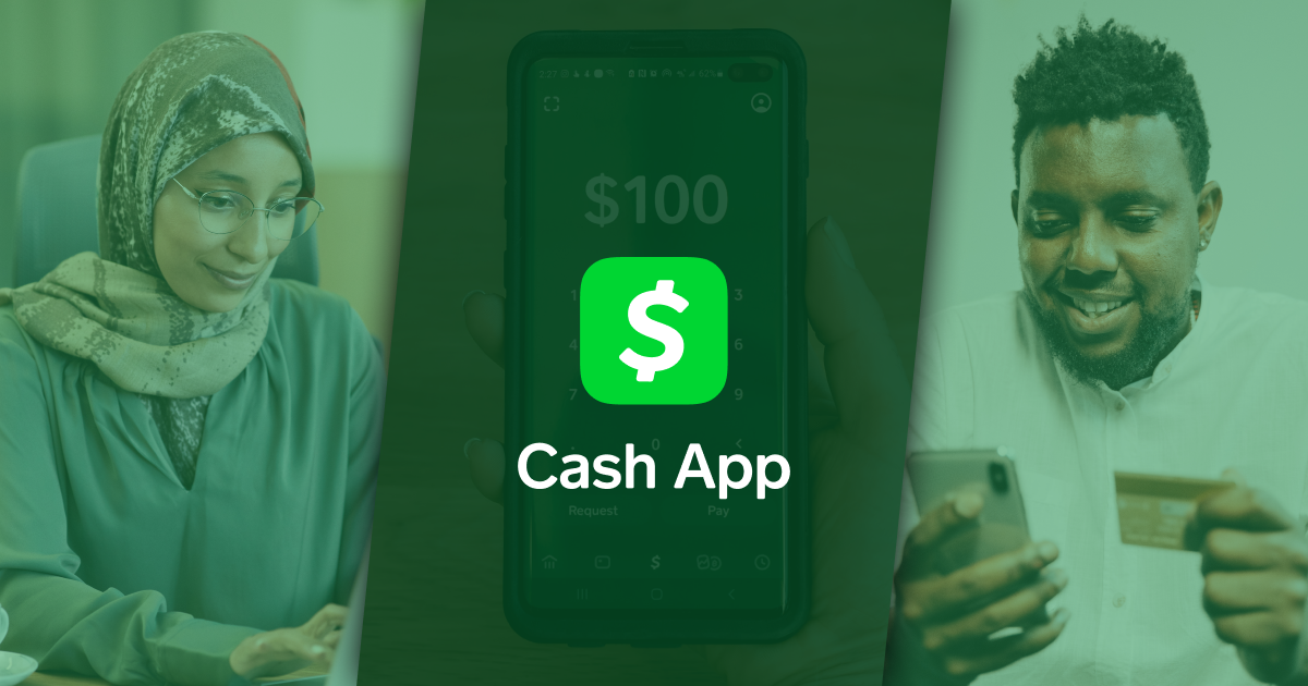 an image of two folks using devices to make purchases or donations with a focus on the UI of the Cash App payment screen and the Cash App logo superimposed over top. The entire image has a green translucent overlay. 