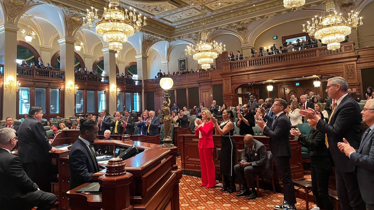 Gov. J.B. Pritzker delivers his budget address on Feb. 19, 2025. (Amanda Vinicky / WTTW News)