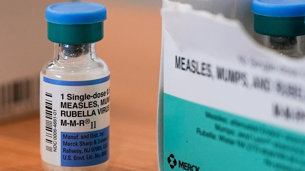 A vial of the measles, mumps and rubella vaccine is on display at the Lubbock Health Department, Feb. 26, 2025, in Lubbock, Texas. (AP Photo/Mary Conlon, File)
