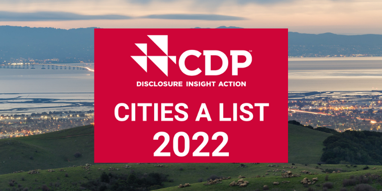 Photo of a vista of
the City with text: CDP Cities A List 2022