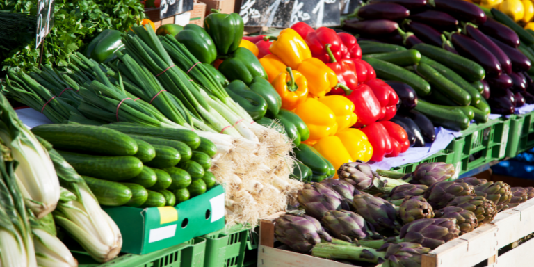 Produce on display at a farmer's market.