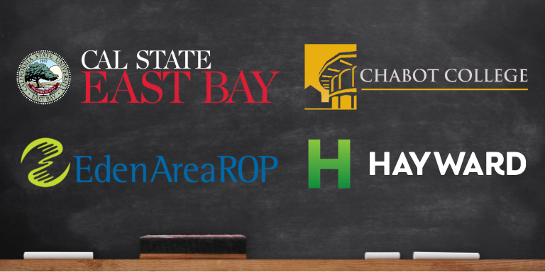 Cal State East Bay, Eden Area ROP, Hayward, and Chabot College logos on a black chalkboard background. Cal State East Bay, Eden Area ROP, Hayward, and Chabot College logos on a black chalkboard background.