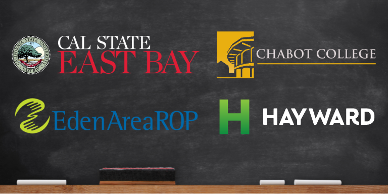 Cal State East Bay,
Eden Area ROP, Hayward, and Chabot College logos on a black chalkboard background.