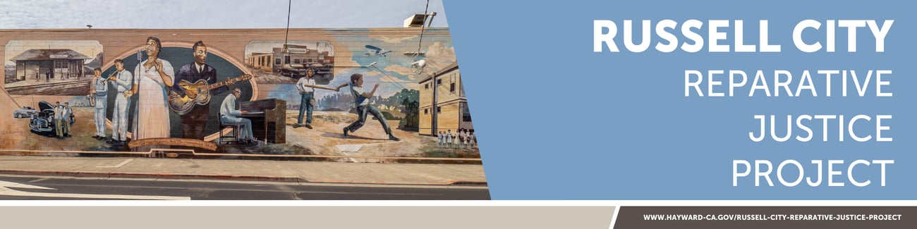 The Russell City Commemorative Mural next to the text: Russell City Reparative Justice Project