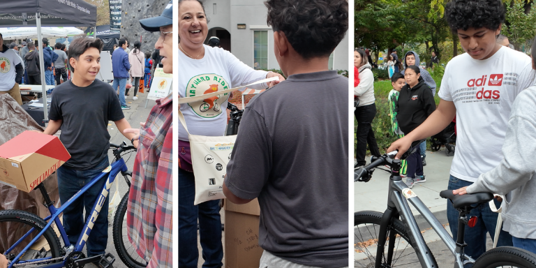 Photos of young students receiving their bicycles.