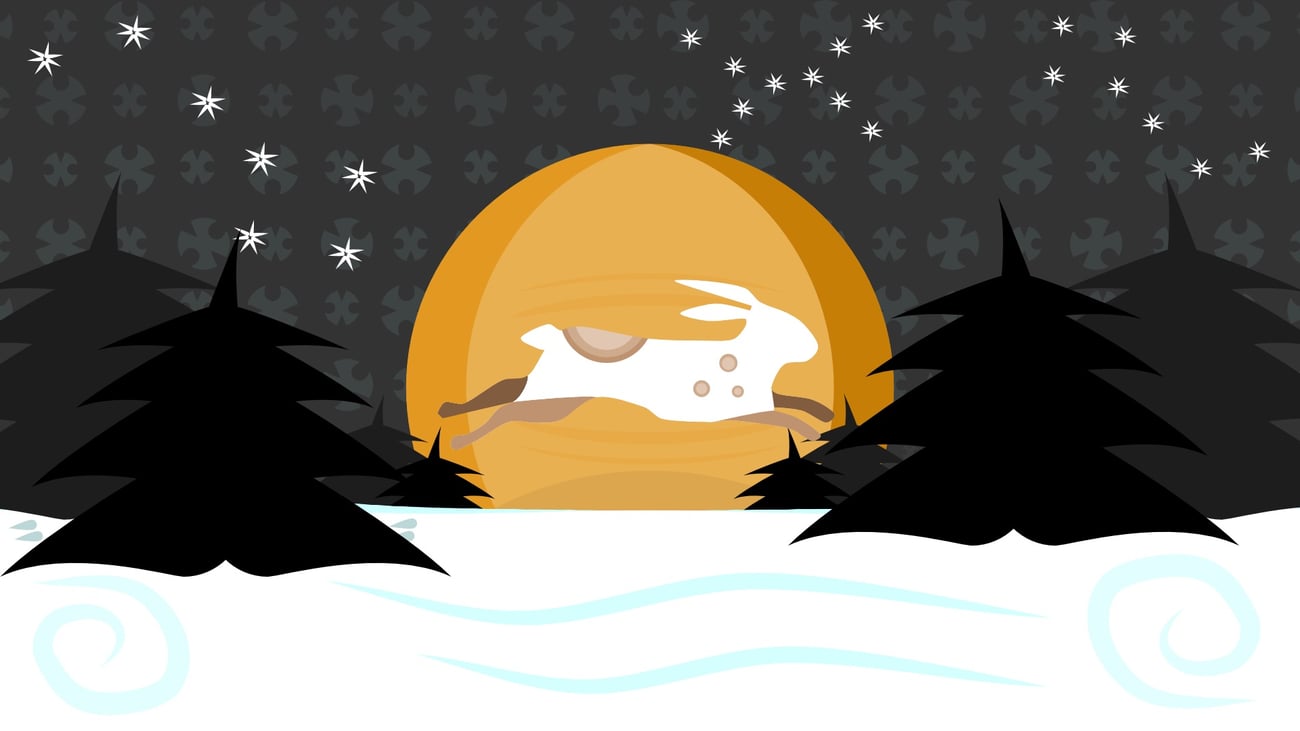 Graphic art image of a white bunny running through the snow on a winter night.
