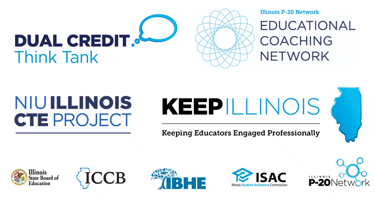 logos of the Dual Credit Think Tank, Educational Coaching Network, NIU Illinois CTE Project, Keep Illinois, ISBE, ICCB, IBHE, ISAC and the P-20 Network