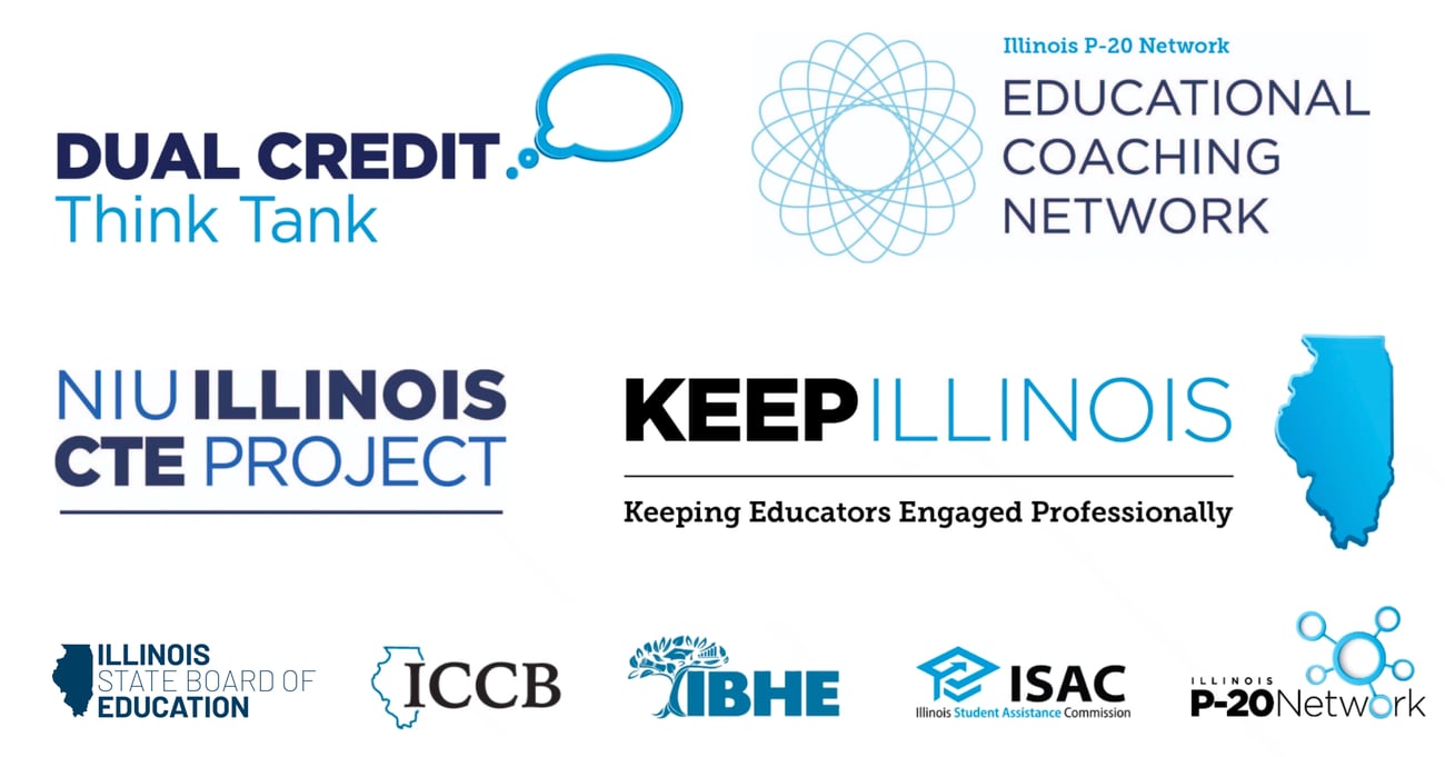 logos of the Dual Credit Think Tank, Educational Coaching Network, NIU Illinois CTE Project, Keep Illinois, ISBE, ICCB, IBHE, ISAC and the P-20 Network