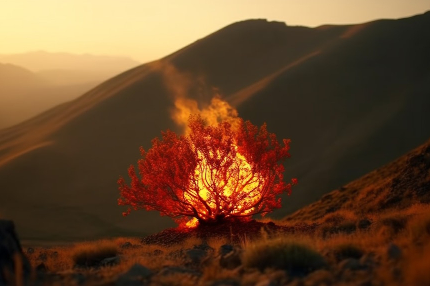 Burning bush on a mountain in the desert