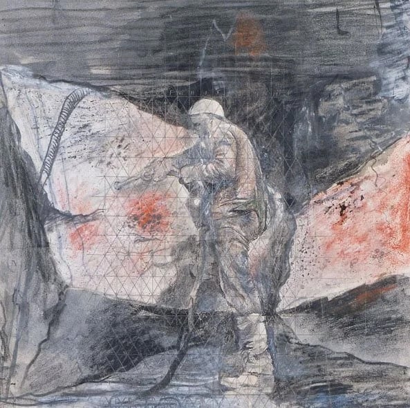 Graham Sutherland, Study Limestone Quarry, Drilling Rocks, 1943, pencil, ink and chalk, 26.7 x 26 cm. Courtesy Christopher Kingzett