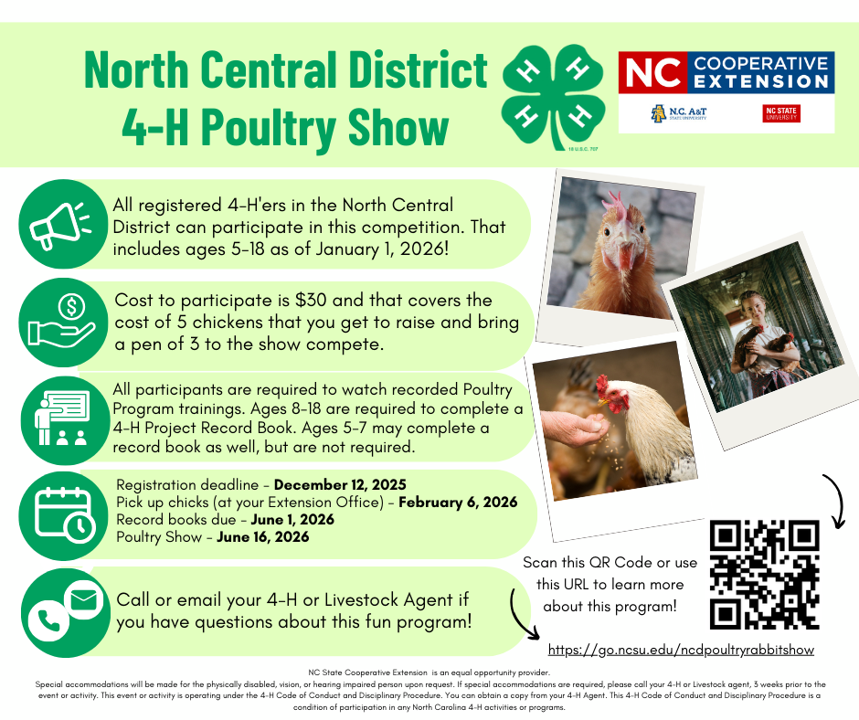 photos of chickens, the 4-H clover, and the NC Cooperative Extension logo