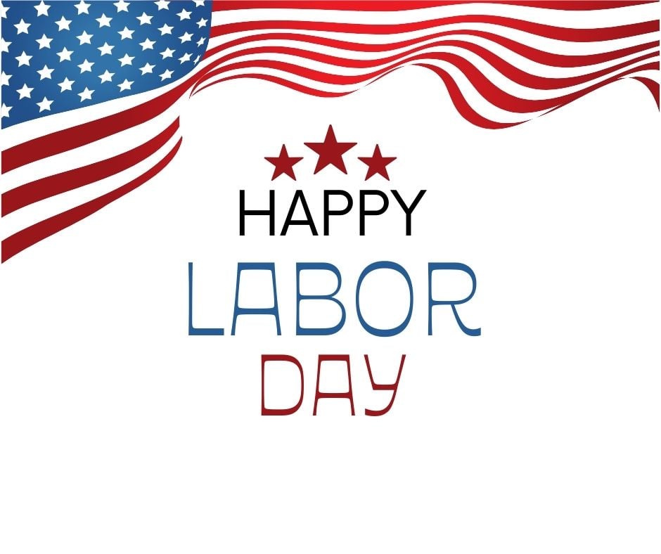 American flag waving and says Happy Labor Day with three red stars above the words American flag waving and says Happy Labor Day with three red stars above the words