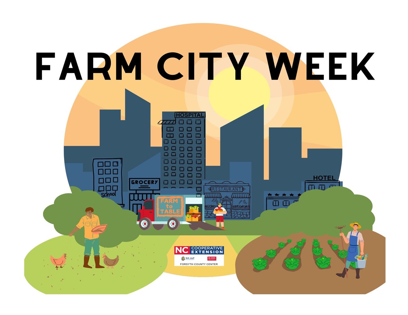 animated picture of blue city skyline, with green trees, a couple of gardeners planting and feeding chickens with Farm City Week at the top of the picture