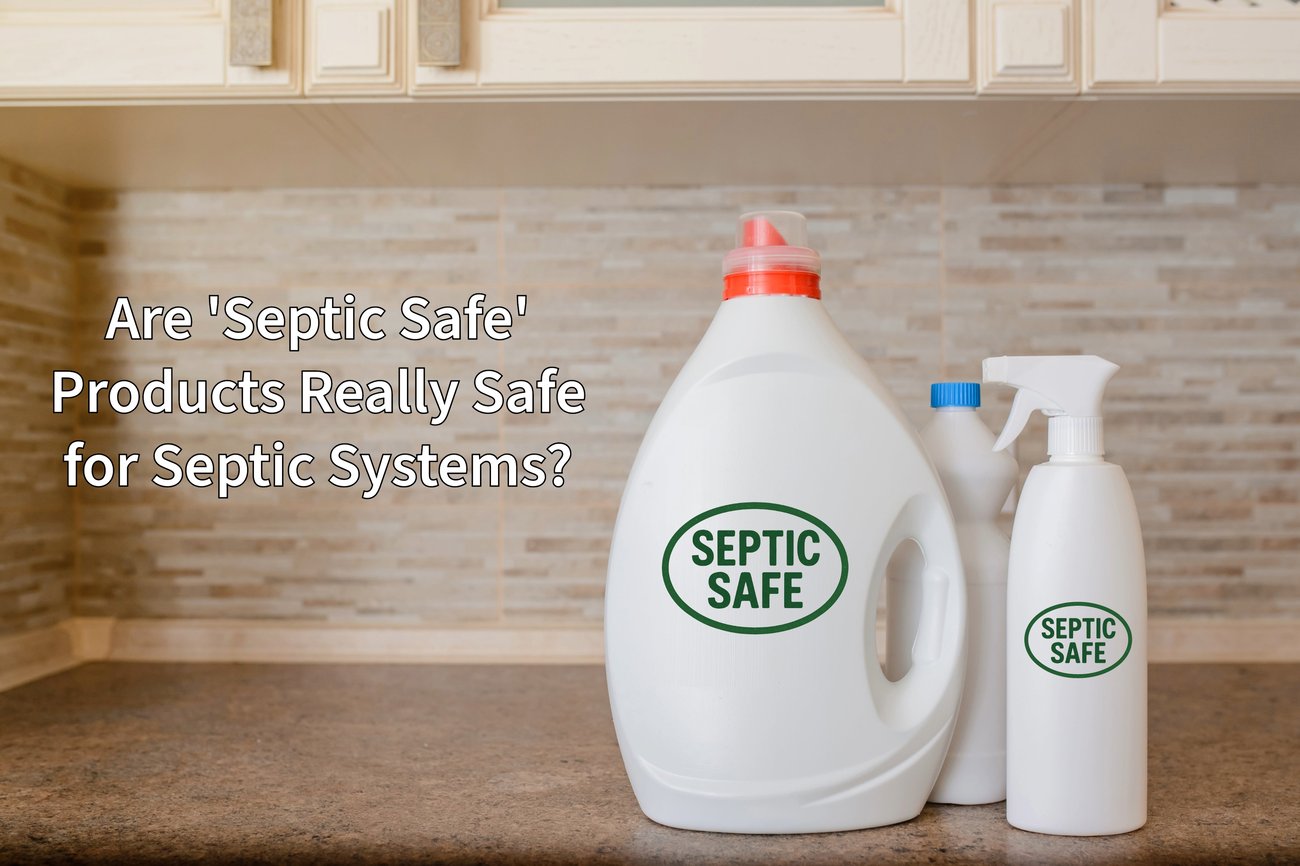 Kitchen counter with bottles of household products with "Septic Safe" label, next to text reading "Are Septic Safe Products Really Safe for Septic Systems?".