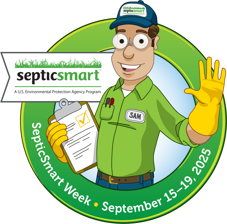 The promotional logo for SepticSmart Week 2025, sponsored by the US EPA from September 15-19. A digitally drawn septic professional waves at the viewer. The promotional logo for SepticSmart Week 2025, sponsored by the US EPA from September 15-19. A digitally drawn septic professional waves at the viewer.