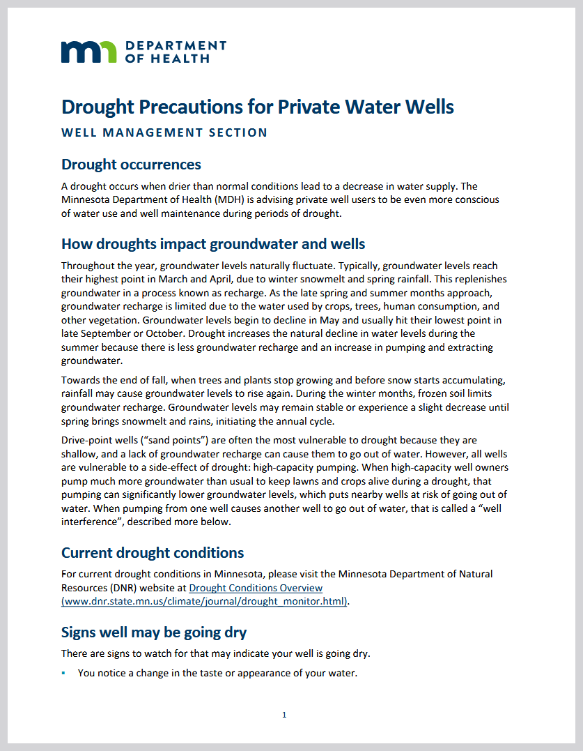 A screenshot of the front page of the Minnesota Department of Health document "Drought Precautions for Private Water Wells."