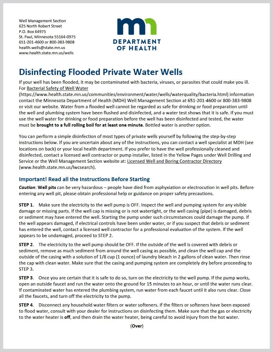 A screenshot of the front page of the Minnesota Department of Health document "Disinfecting Flooded Private Water Wells."