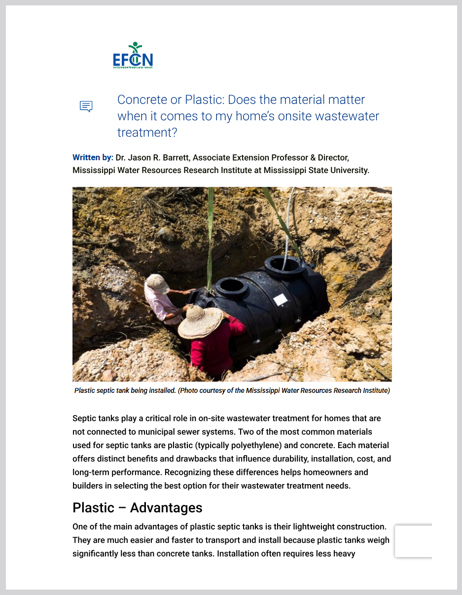 Screenshot of the article "Concrete or Plastic: Does the material matter when it comes to my home’s onsite wastewater treatment?" from the Environmental Finance Center Network.