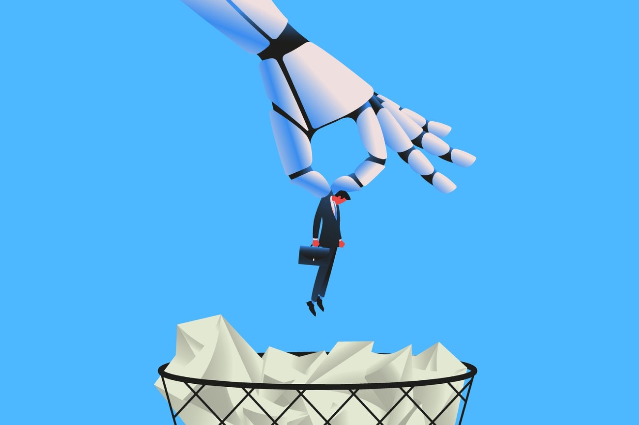 Image of a robotic hand throwing a businessman in a trash bin on a blue background.