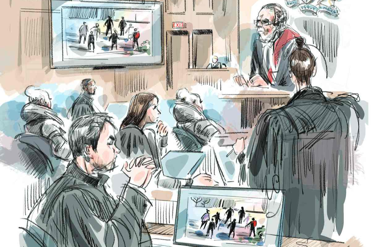 A photograph ripped into pieces portraying four men standing outside together.