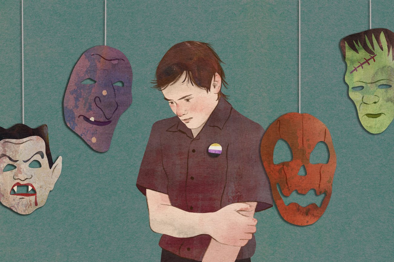 Illustration of a man surrounded by Halloween masks floating on strings