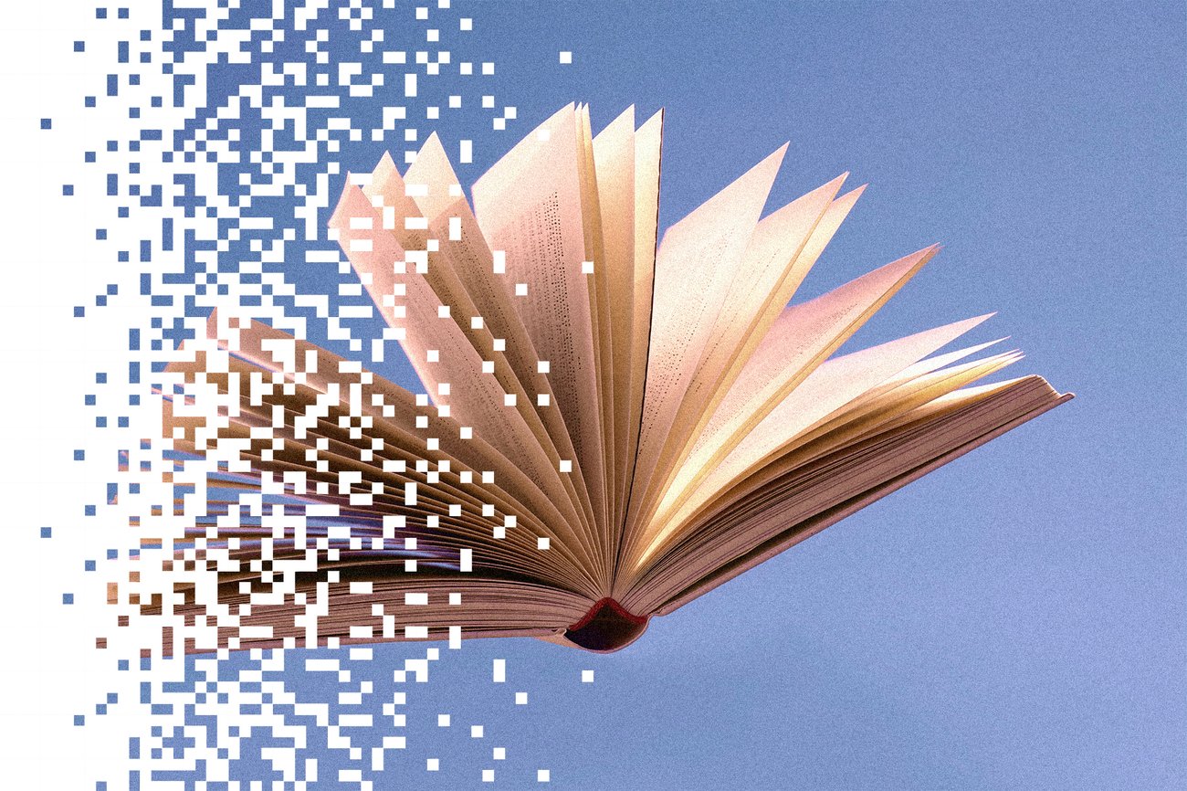 Image of an open book on a blue background. The left side of the image is dissolving into white pixels.