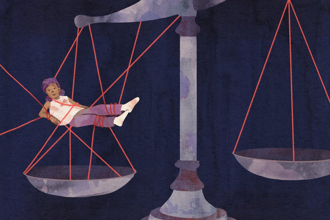 Illustration of the scales of justice with a person caught in red string.
