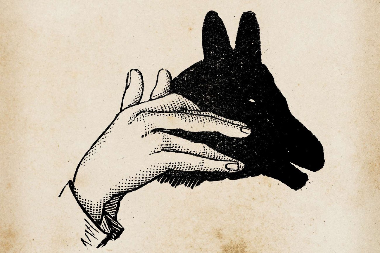 Illustration of a hand forming a shadow puppet of a dog.