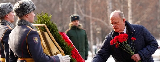 The Russian Communist Party leader, Gennady Zyuganov, attends a wreath-laying ceremony at the Tomb of the Unknown Soldier near the Kremlin Wall February 2, 2023.