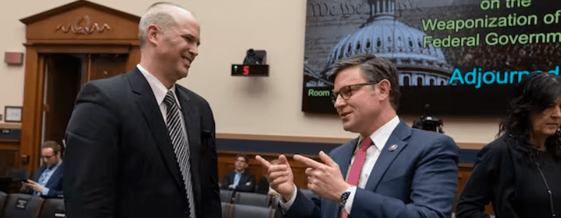 Representative Mike Johnson talks to witness Matt Taibbi, left, at Capitol Hill on March 9, 2023. AP/Manuel Balce Ceneta