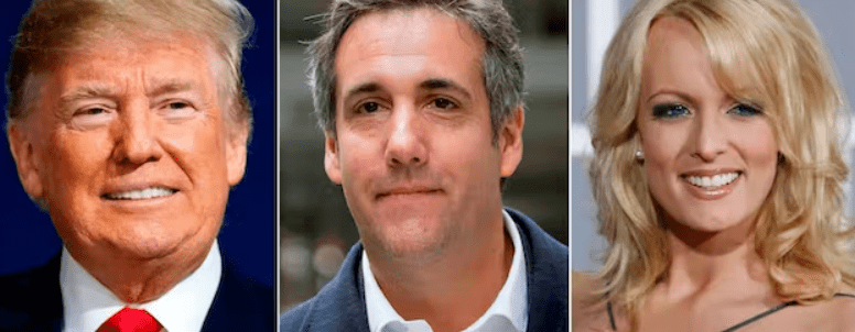 This combination of file photo shows, from left, President Trump, attorney Michael Cohen, and adult film actress Stormy Daniels. May, 2018. AP Photo/File