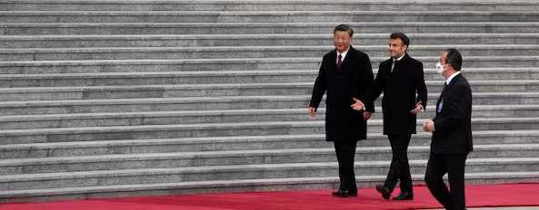 Presidents Macron, second from right, and Xi, left, outside the Great Hall of the People at Beijing, April 6, 2023. AP/Ng Han Guan, pool