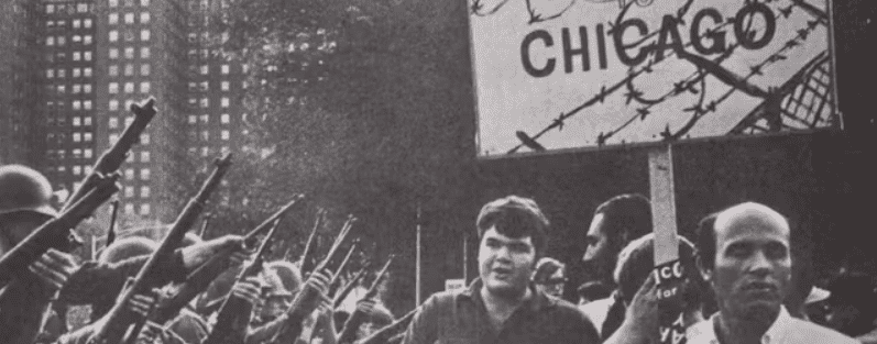 The National Guard and demonstrators outside the Democratic nominating convention at Chicago, September 1, 1968. Via Wikimedia Commons