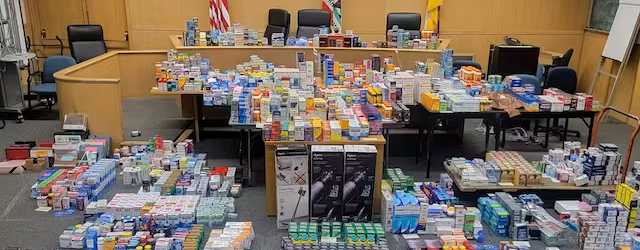 Police display more than $200,000 in stolen retail goods seized from a home at San Francisco. San Francisco Police Department via AP