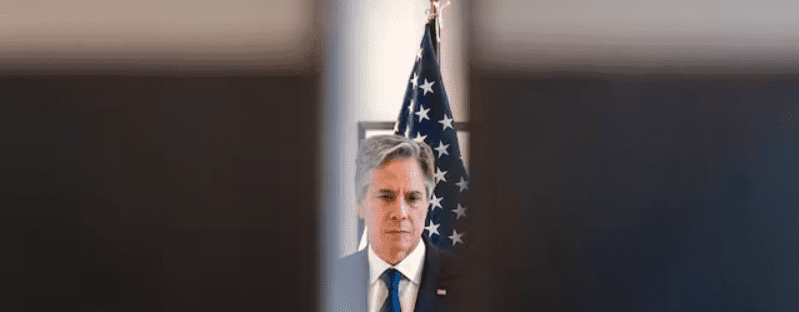 Secretary Blinken waits to deliver a joint statement with the British foreign secretary, James Cleverly, on the situation in Sudan, during a G7 meeting at Karuizawa, Japan, April 17, 2023. AP/Andrew Harnik, pool