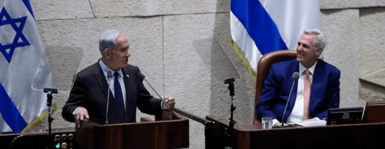Prime Minister Netanyahu, left, and Speaker McCarthy, right, at Israel's parliament at Jerusalem, May 1, 2023. AP/Ohad Zwigenberg