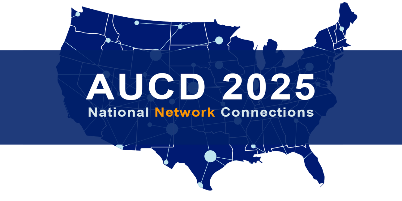 Graphic promoting the AUCD 2025 Awards. At the top is a blue banner with a U.S. map and connecting dots, labeled "AUCD 2025 – National Network Connections." 