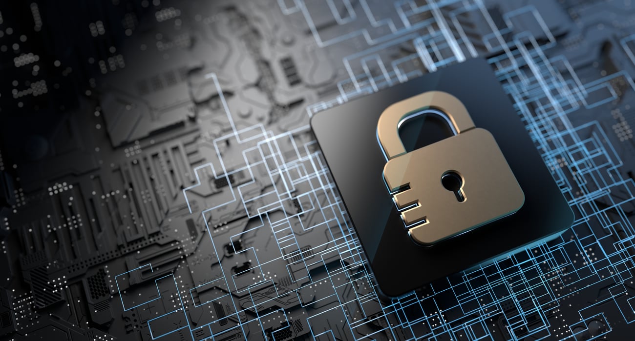 cybersecurity concept: lock on circuitry